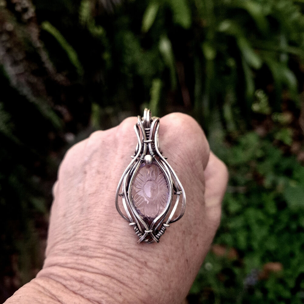 Intaglio carved Amethyst in Sterling Silver with SS chain