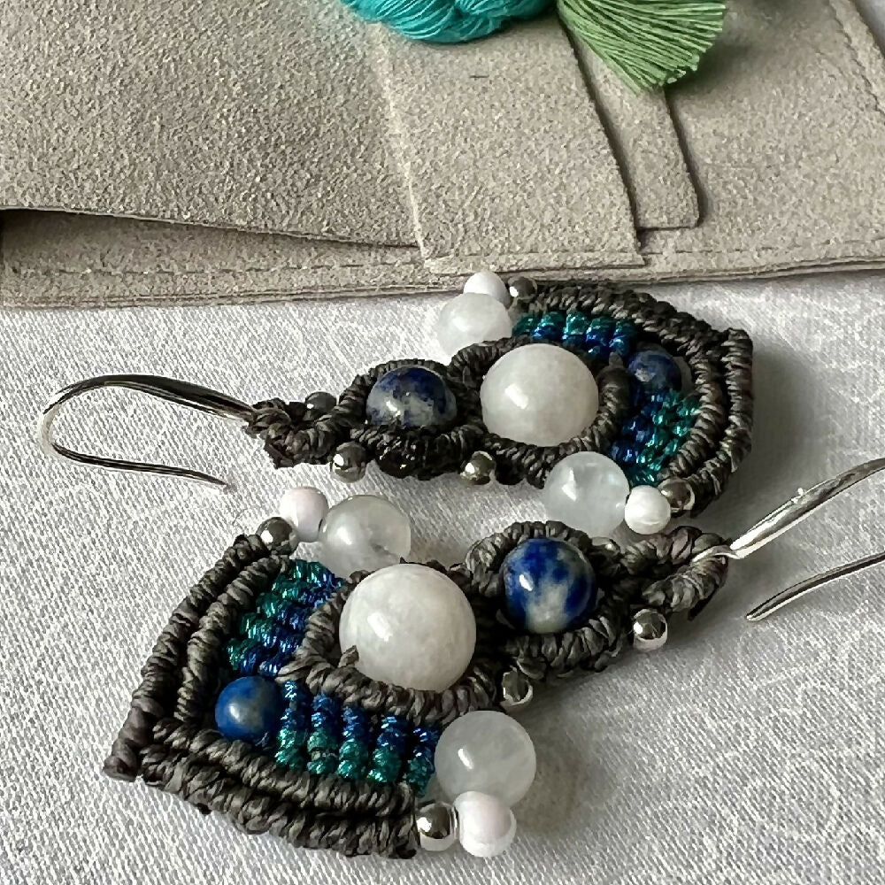 Grey Boho Micro Macrame Earrings - Moonstone & Lapiz +Free microfibre pouch