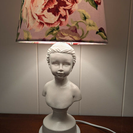 White Ceramic Bust Lamp with Vintage Shabby Chic Fabric Shade