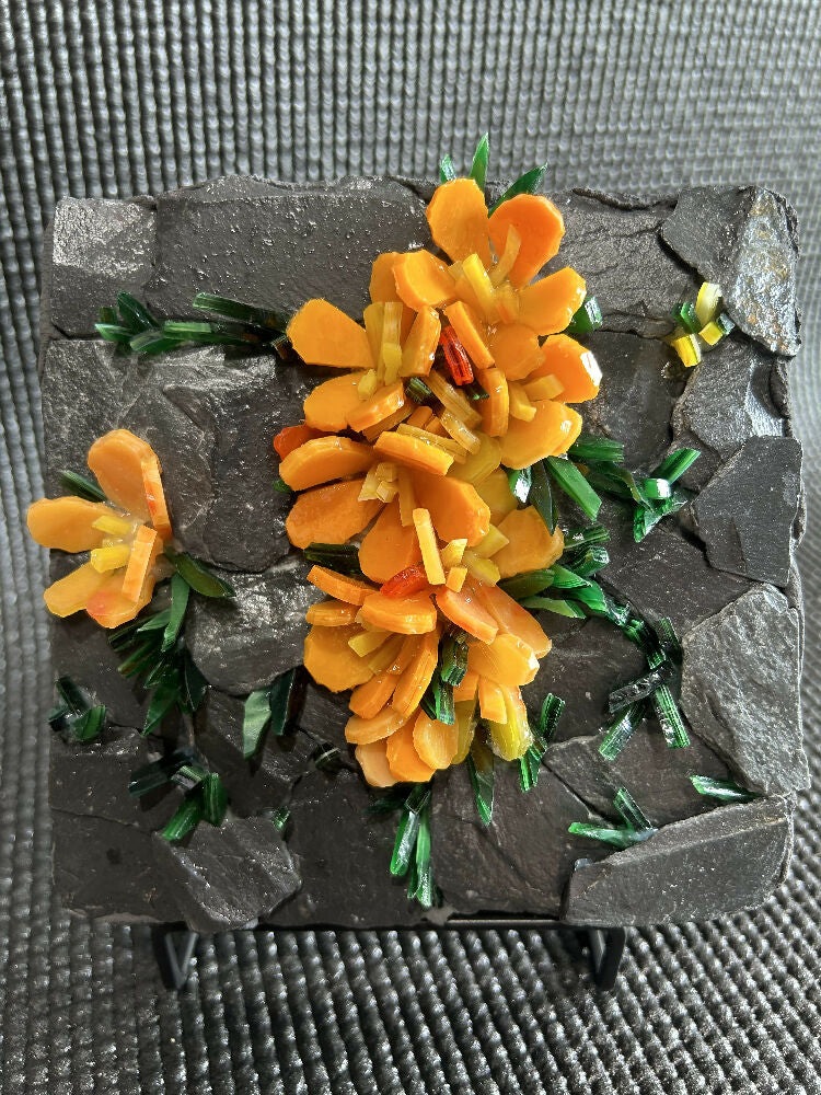 Stained Glass Orange Flowers and Slate Block Mosaic