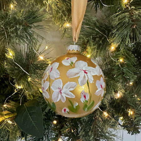 Glass Christmas Bauble Ornament, Hand Painted, Unique Gift, Gold Florals