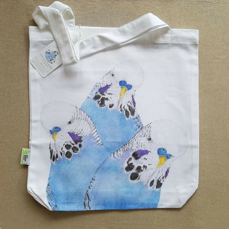 Organic Cotton tote bag featuring three blue budgies