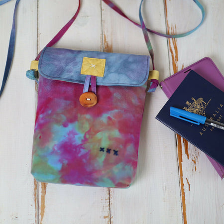 Ice Dyed Small Messenger/Cross Body Bag, Fuchsia and Blue