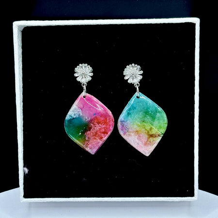 Floral rainbow dangle silver stud earrings