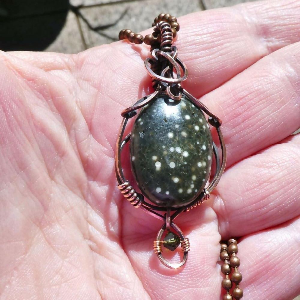 Dark green Ocean Jasper pendant copper wire wrapped