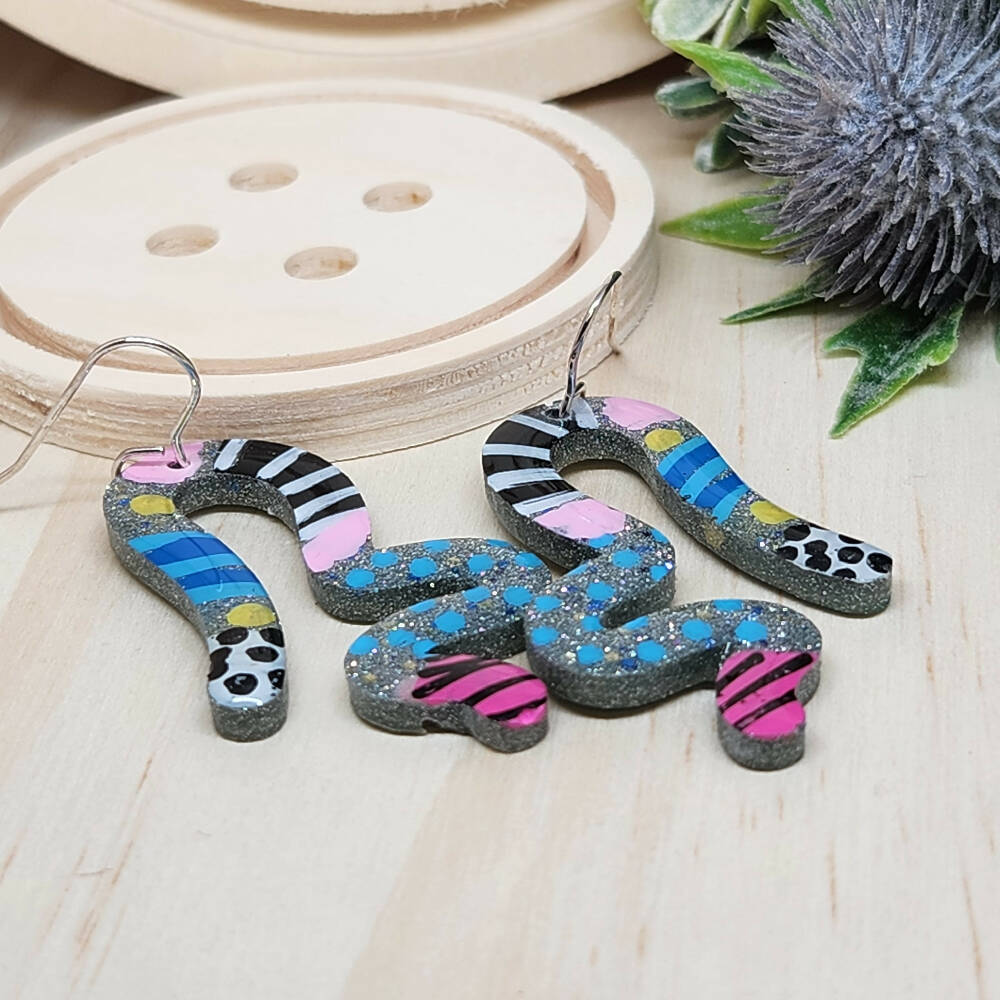 Dangle Earrings Squiggles Hand Painted Handcast Resin - Hook