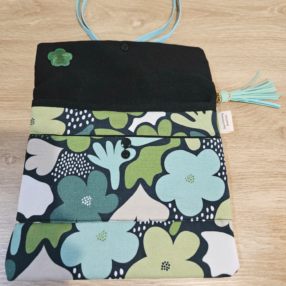 Crossbody Bag - Greens Creams and Black Retro Flower design