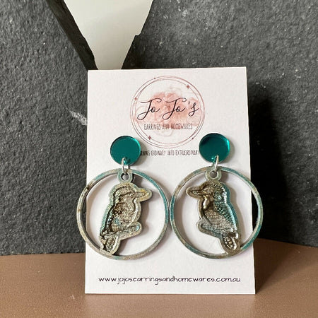 Earring Round Kookaburra Teal, Fawn, Brown