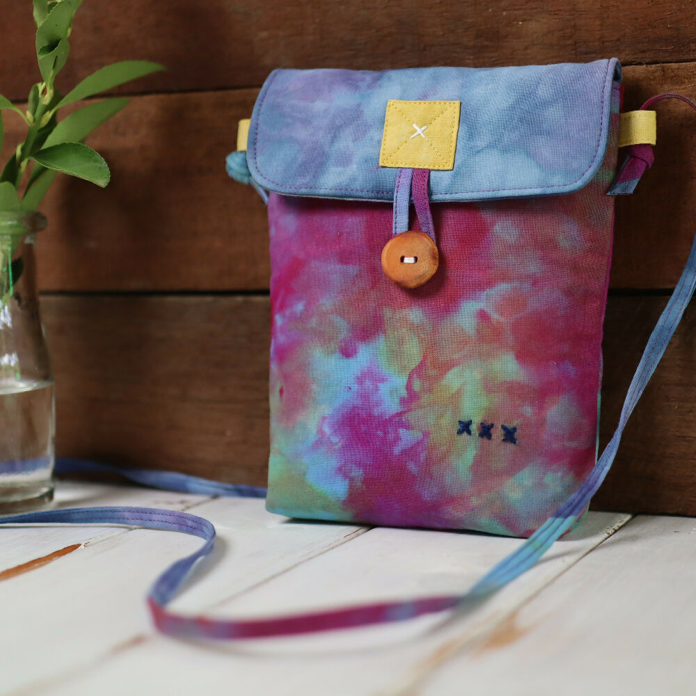 Ice Dyed Small Messenger/Cross Body Bag, Fuchsia and Blue