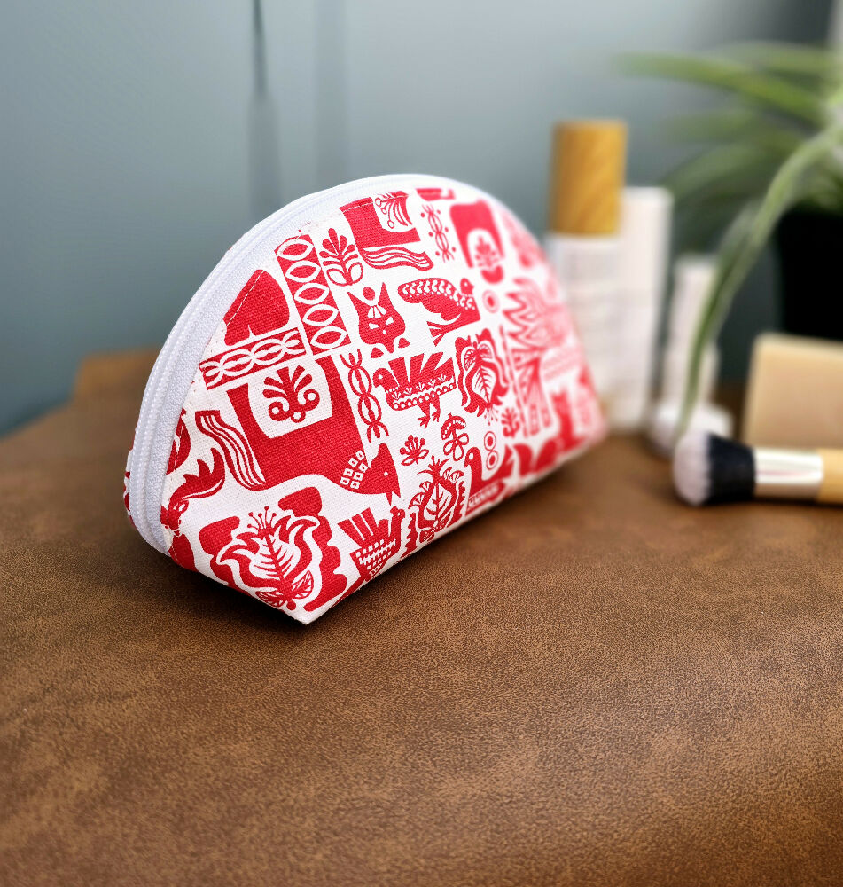 Make up bag. Scandi red & white design. Cosmetic pouch. Toiletry purse.