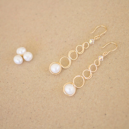 Gold Wire Loop Large White Pearl Earrings | Wedding Jewellery