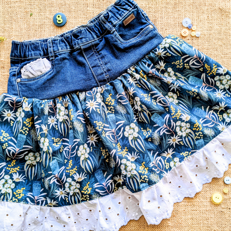 Girls Skirt Upcycled Denim Handmade skirt and Flannel flowers Size 8