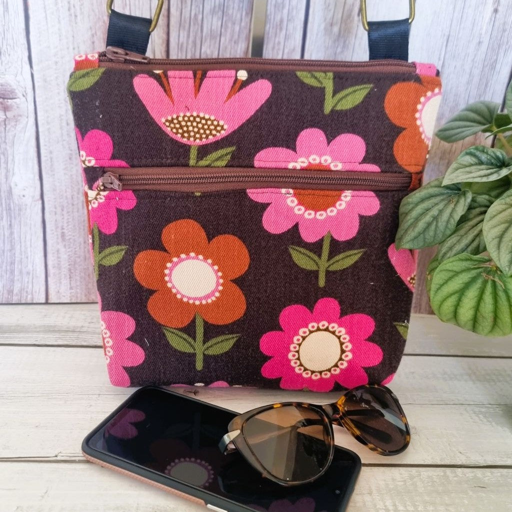 Upcycled zipped crossbody bag - funky pink flowers on brown