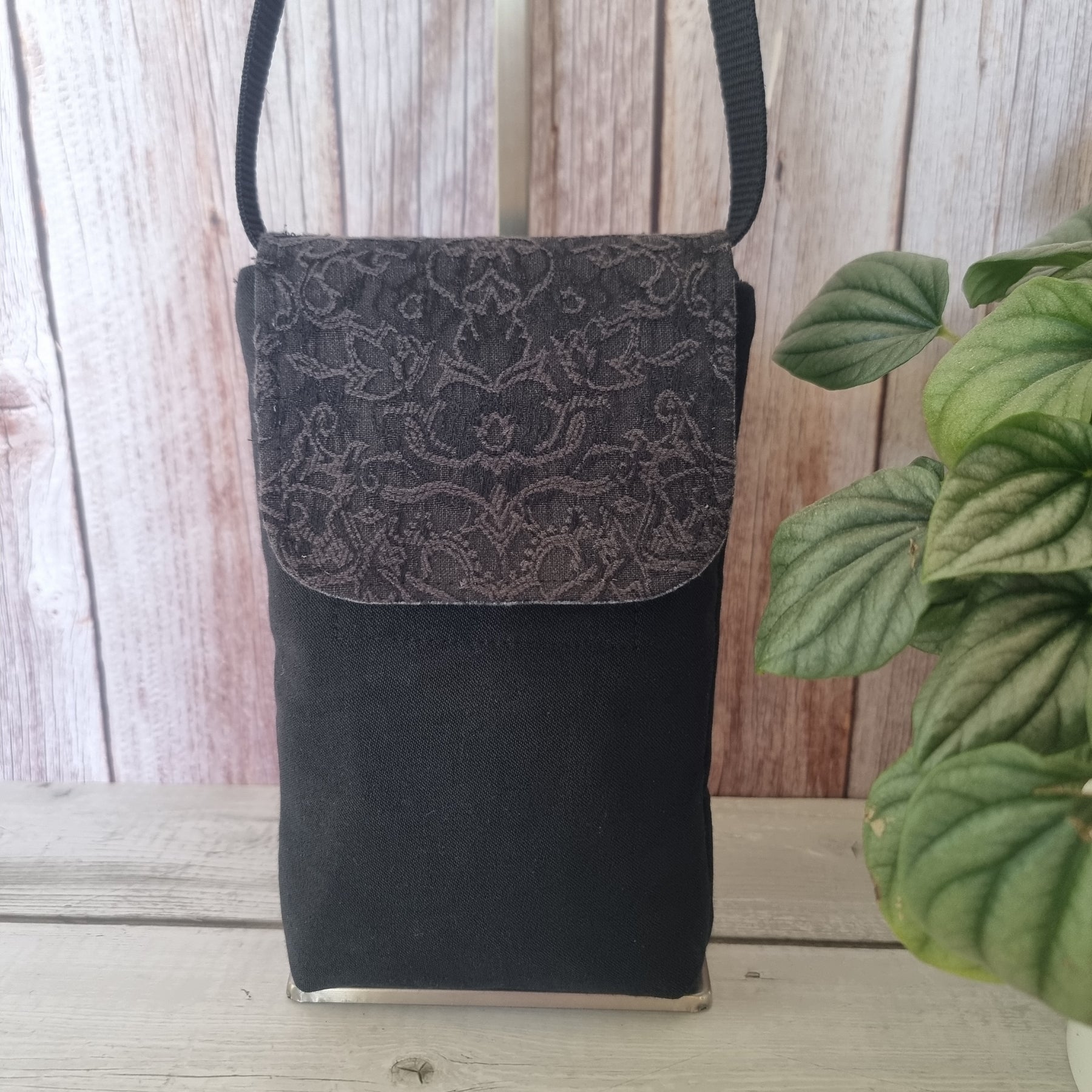 Upcycled medium phone messenger bag - black denim & textured filigree fabric