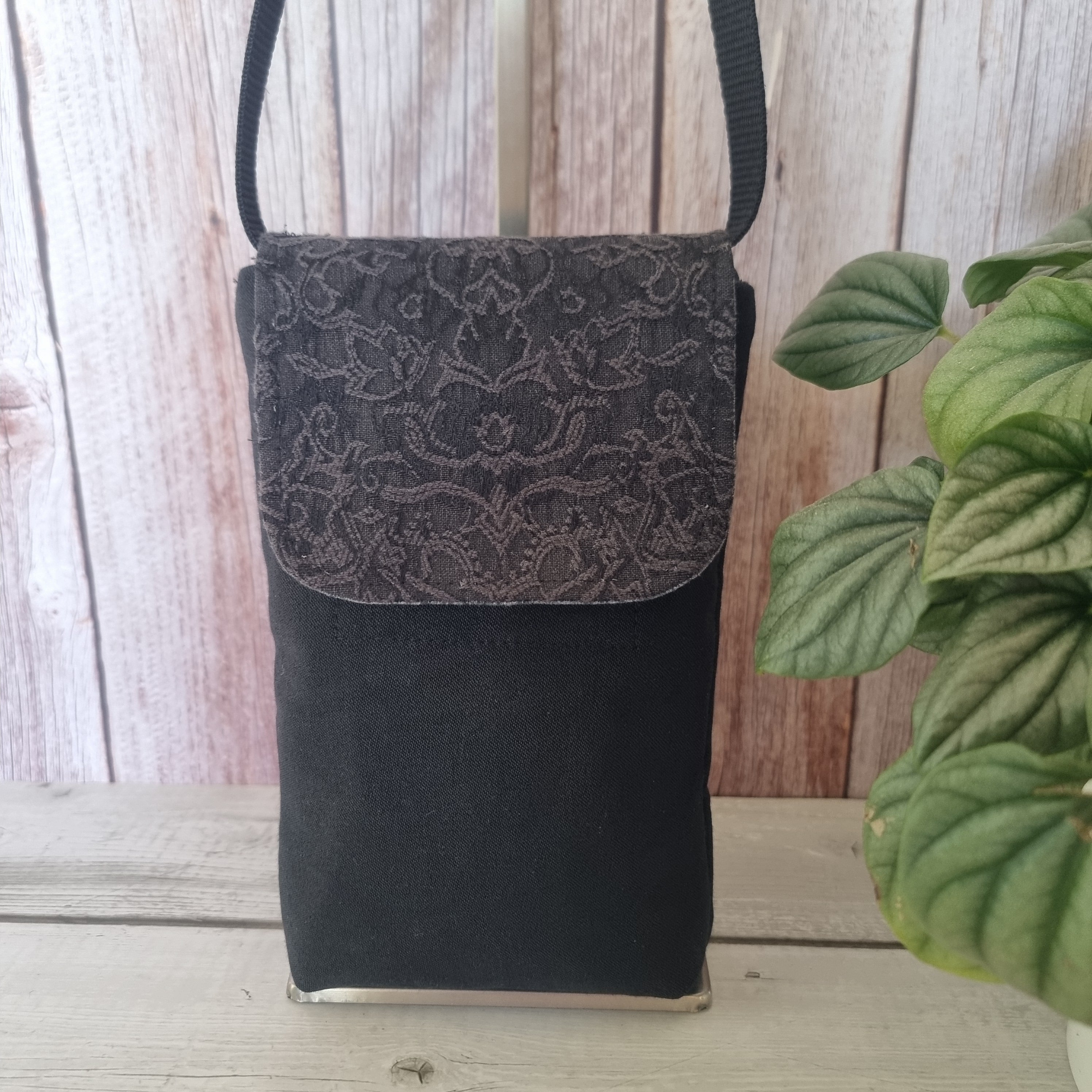 Upcycled medium phone messenger bag - black denim & textured filigree fabric
