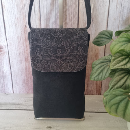 Upcycled medium phone messenger bag - black denim & textured filigree fabric