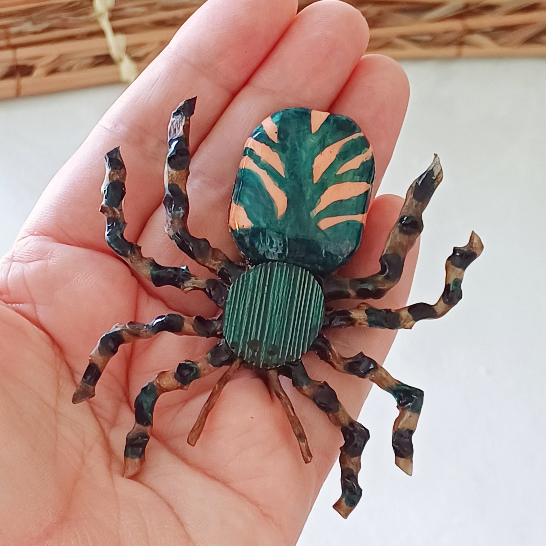 Hand painted teal palm leaf clay spider keepsake with magnet