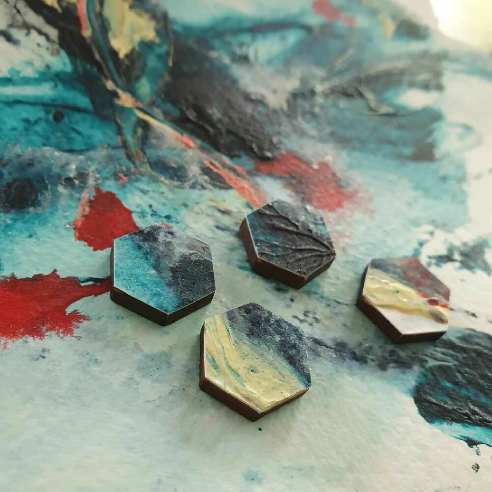 Sea and Sky Collection| Hexagon resin stud earrings| Blue Red lines