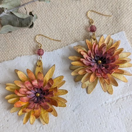 Chrysanthemum Flower Earrings – Handmade Watercolour Paper Earrings – Statement Floral Jewellery – Eco Friendly Gift Australia