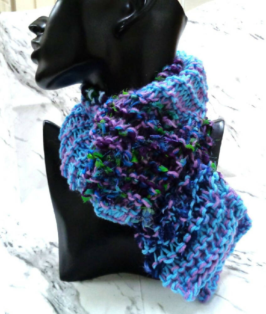 Wool and Fabric Scarf - Blue - Purple - Knitted - Ladies Accessories
