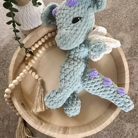 Dusty Dragon Snuggle Buddy- crochet plush toy, comforter, lovey.