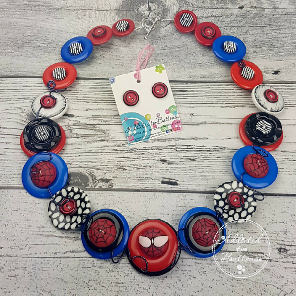 Button Necklace Superhero Spider guy Jewellery Earrings and Necklace