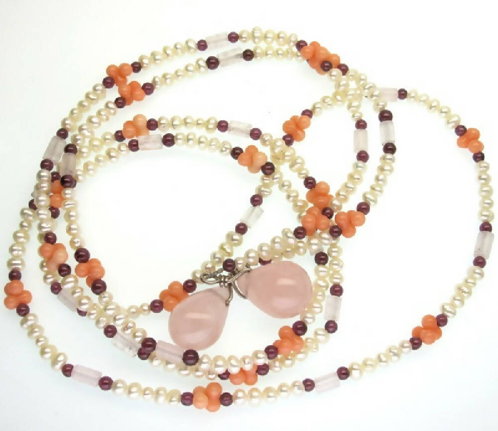 Rose quartz and coral lariat necklace 3