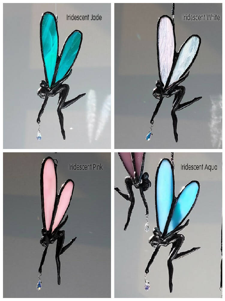 Stained glass fairy suncatcher, little pewter fairy window hanger