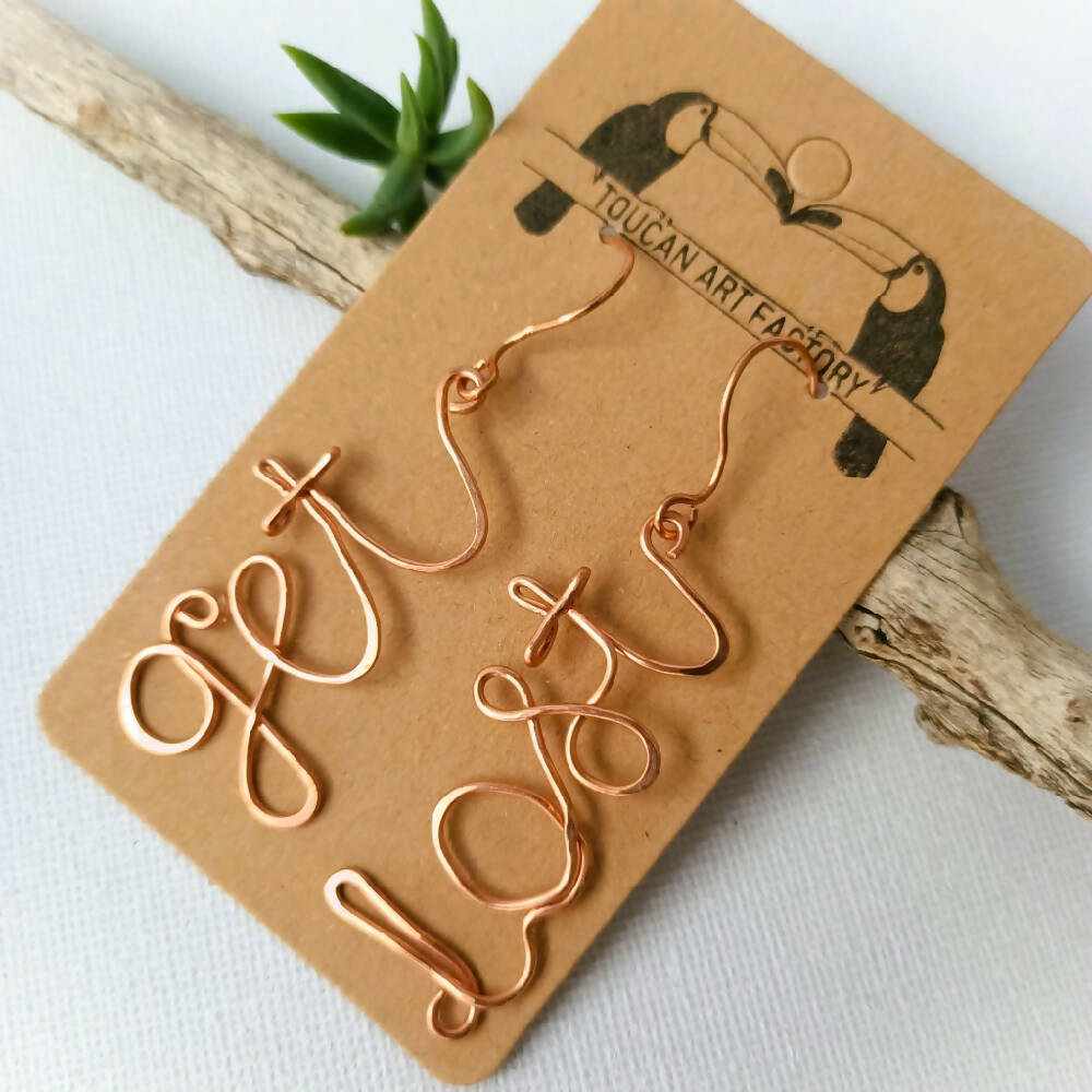 Get Lost Curse-ive Dangle Earrings - copper or sterling silver