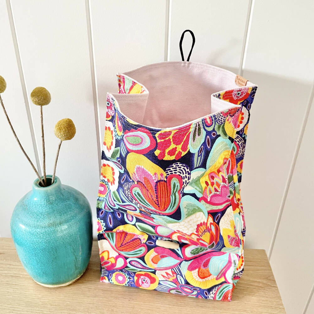 Lunch Bag Cotton Canvas~ Reusable, Fold Over~ Bright Blooms