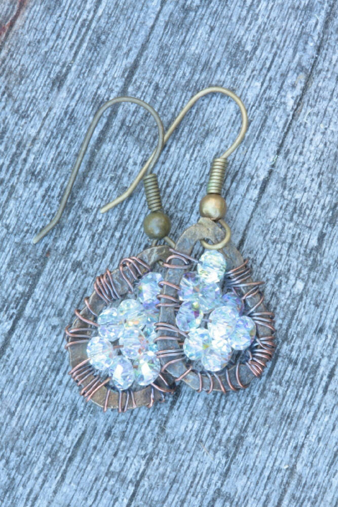 Hammered Brass Teardrops and Swarovski Crystal Earrings