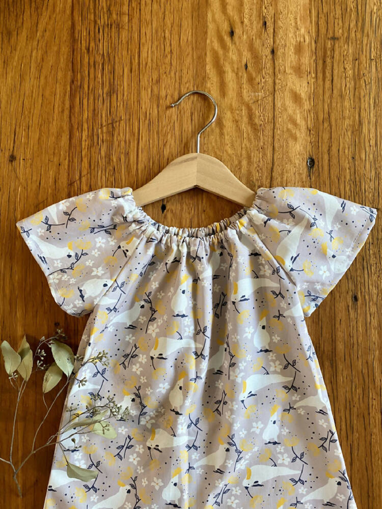 dress - grey cockatoos / cotton peasant-style dress mushroom taupe