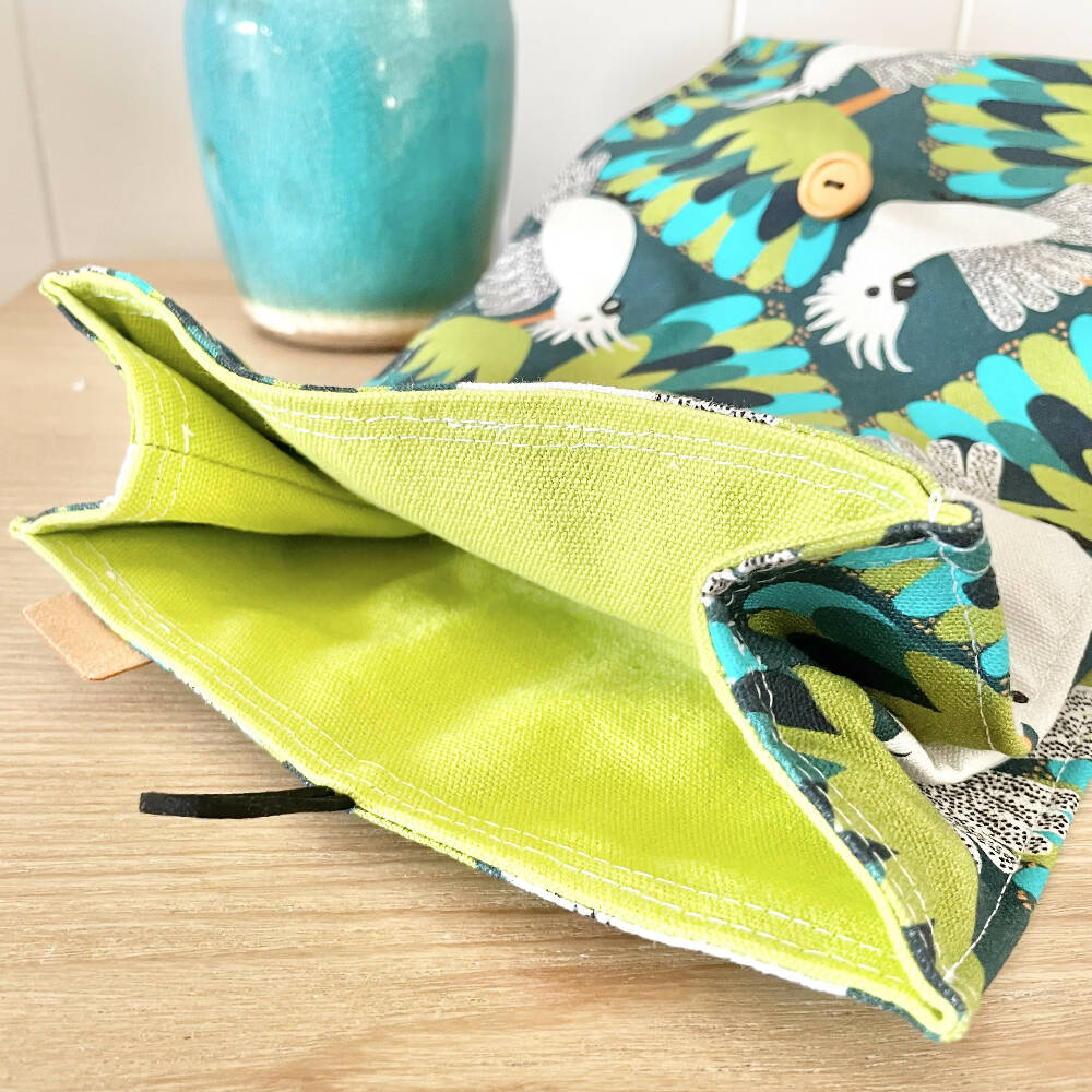 Lunch Bag Cotton Canvas~ Reusable, Fold Over~ Cockatoos