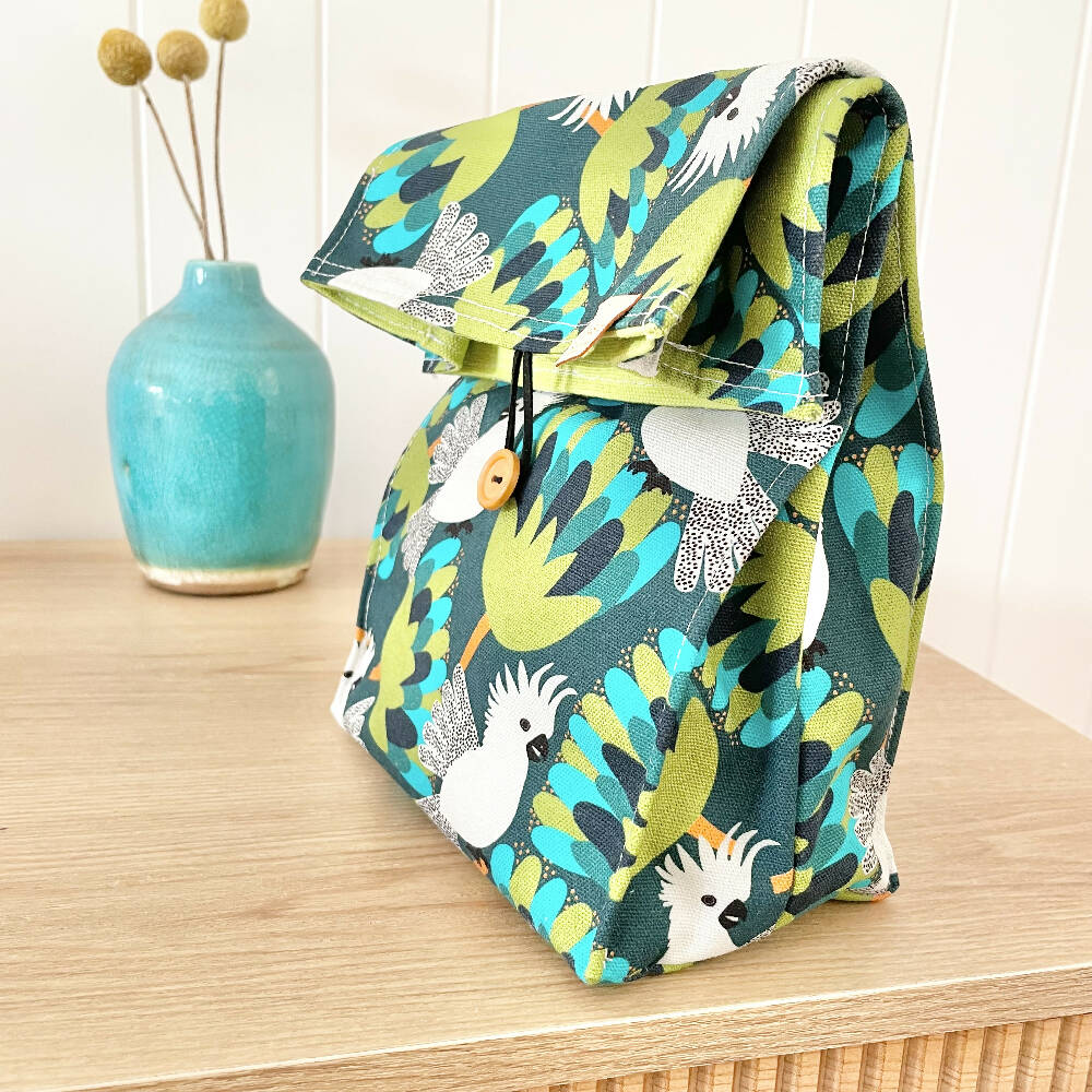 Lunch Bag Cotton Canvas~ Reusable, Fold Over~ Cockatoos
