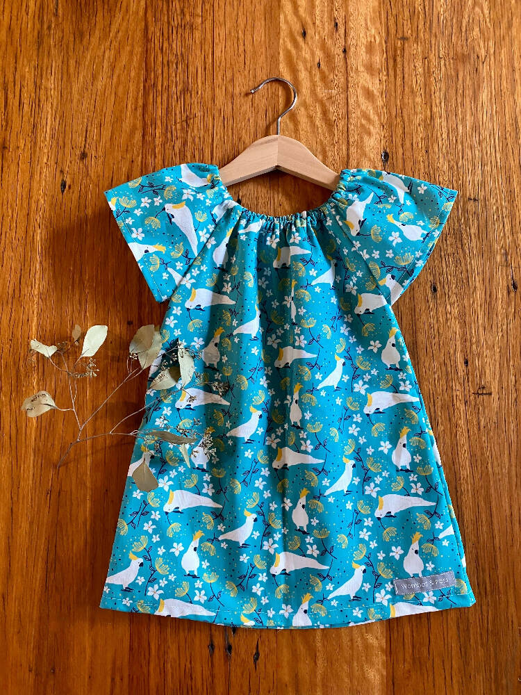 dress - turquoise cockatoos / organic cotton peasant-style dress