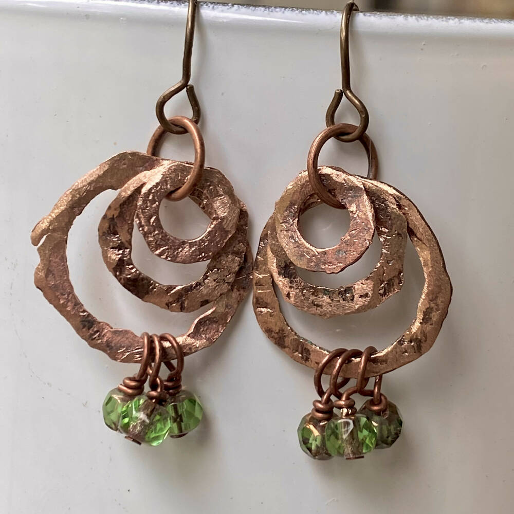 Hand Hammered Copper & Green Bead Earrings