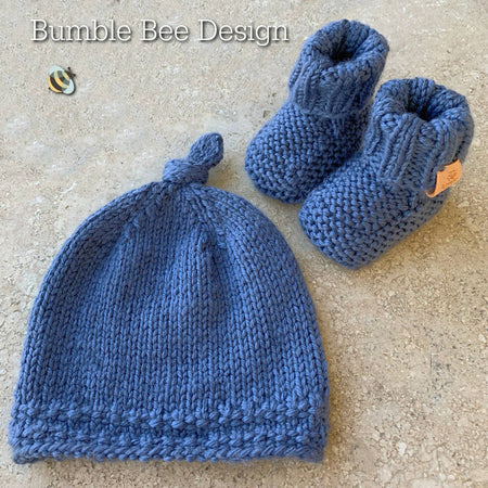 Hand Knitted Top Knot Hat and Matching Booties, Australian Merino wool