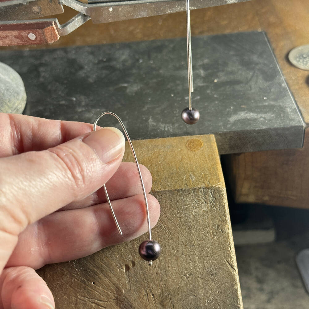 Black fresh water pearls long sterling silver earrings 5