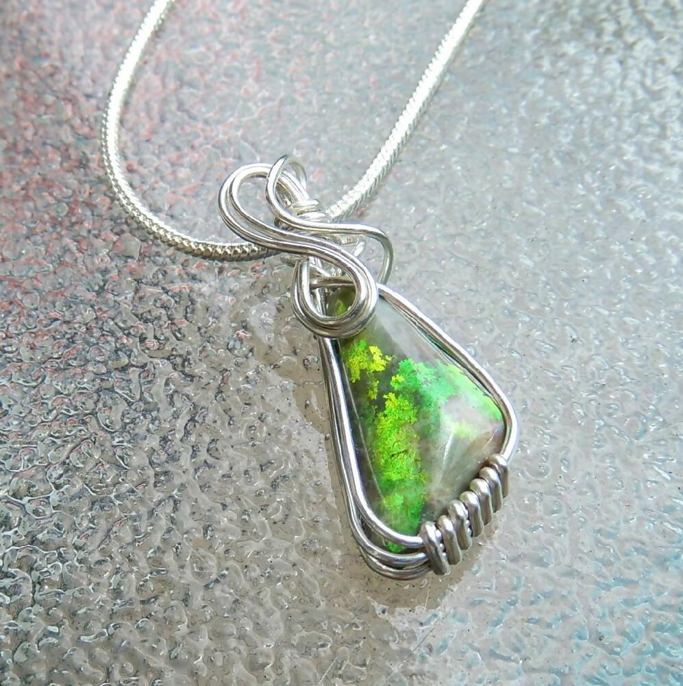 Andamooka Vivid green opal pendant Sterling silver wire wrapped