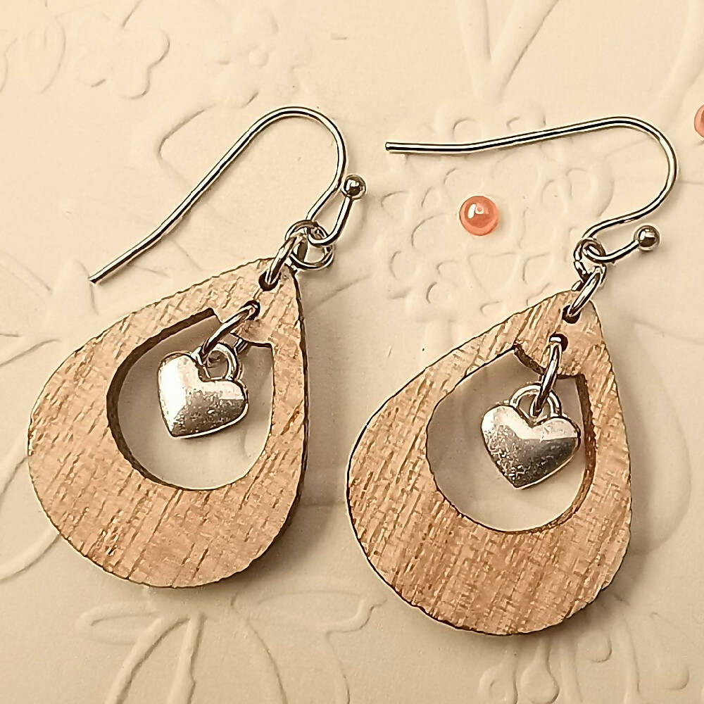 Wood & Heart Charm Teardrop Earrings