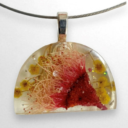 Gum Blossom and Wattle Resin Pendant on Necklace