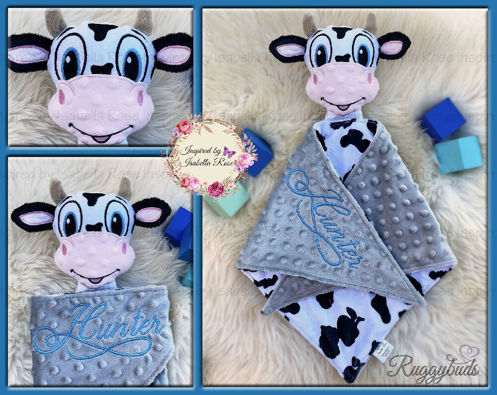 Baby comforter, Embroidered name, Cow themed Ruggybud, Made to order