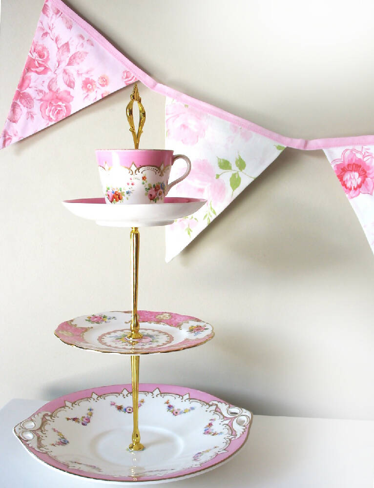 Tea Party Bunting - Vintage Retro Pink MULTI Floral Flags, Decoration