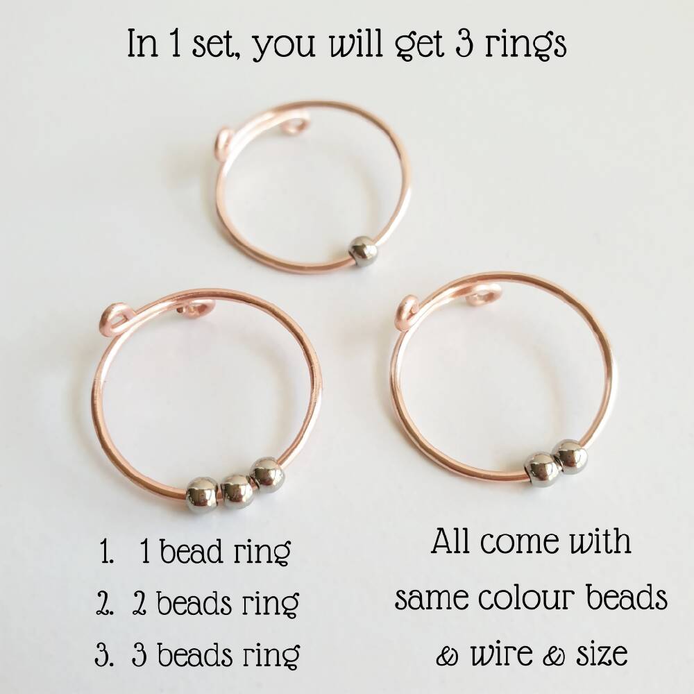 Anxiety metal bead wire 3 rings set , Size adjustable