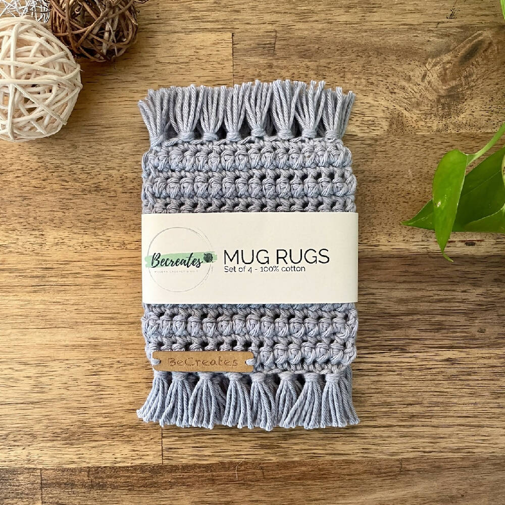 Mug Rug | Crochet Coaster with fringed edge - Pewter Grey