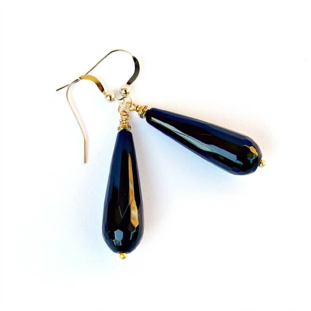 Black Onyx Teardrop and Gold Drop Earrings