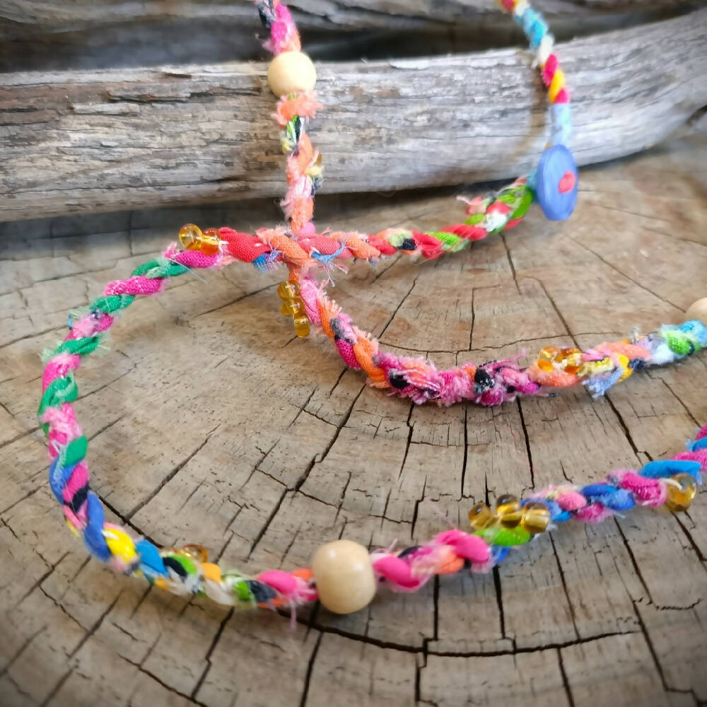 multicolour fabric necklace wooden beads handmade -