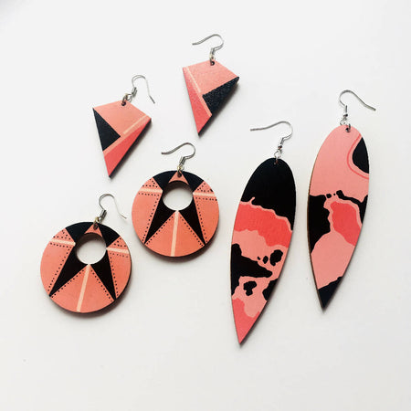 Hand painted pink and black geometric wooden earrings