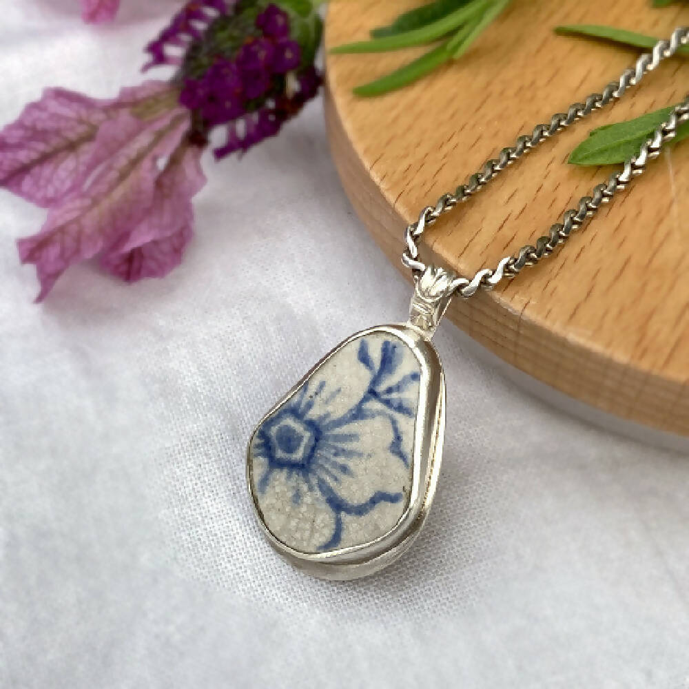 Sterling Silver Scottish Sea Pottery Pendant - Blue Flower