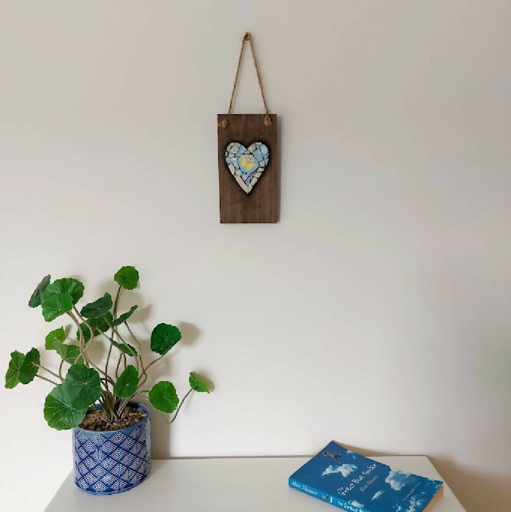 Broken china mosaic heart wall hanging, yellow butterfly mosaic on old timber